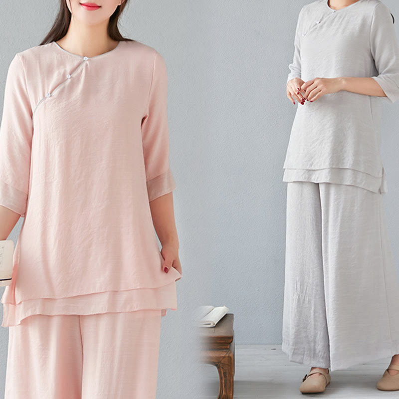 Conjunto de ropa de lino y algodón para mujer, camisa de manga larga de tres cuartos, pantalones de pierna ancha, 2 uds., Buddha Stones - image 29