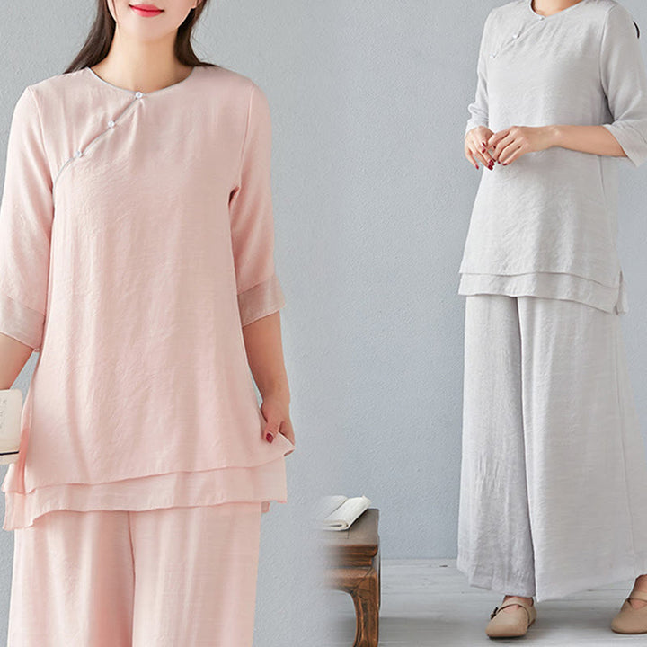 Conjunto de ropa de lino y algodón para mujer, camisa de manga larga de tres cuartos, pantalones de pierna ancha, 2 uds., Buddha Stones - image 29
