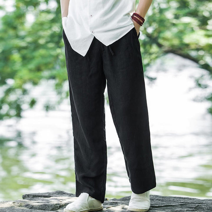 Pantalones anchos de lino y algodón de color liso con bolsillos para hombre Buddha Stones - Negro - US/UK/AU50, EU60 (5XL) - image 4