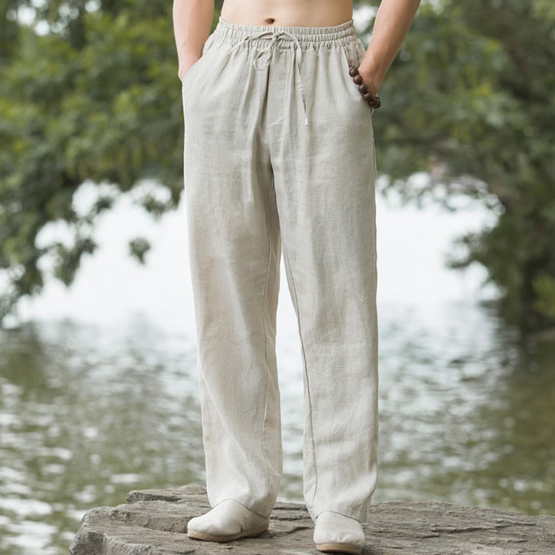 Pantalones anchos de lino y algodón de color liso con bolsillos para hombre Buddha Stones - Lino - US/UK/AU50, EU60 (5XL) - image 0