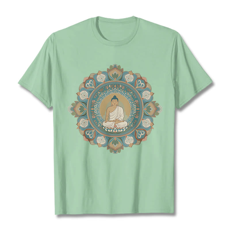 Camiseta de Buda con Piedra y Flor Mandala - Verde pálido - 2XL - image 1