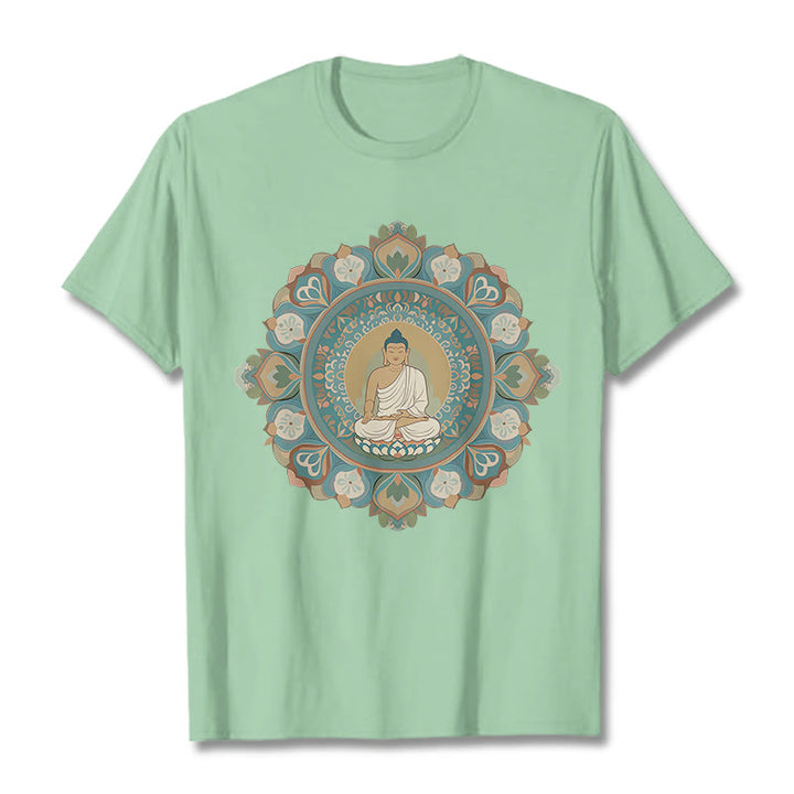 Camiseta de Buda con Piedra y Flor Mandala - Verde pálido - 2XL - image 1