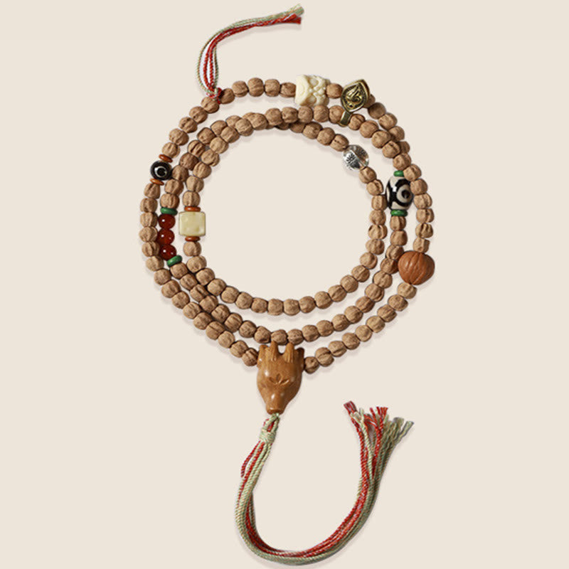 Buda Piedras 108 Cuentas de Semilla de Bodhi Ágata Roja Pulsera Mala de Sabiduría con Cabeza de Ciervo