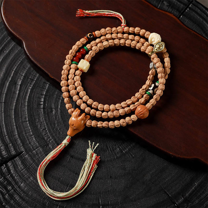 Buda Piedras 108 Cuentas de Semilla de Bodhi Ágata Roja Pulsera Mala de Sabiduría con Cabeza de Ciervo