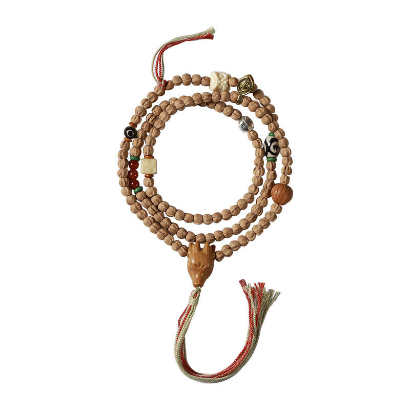 Buda Piedras 108 Cuentas de Semilla de Bodhi Ágata Roja Pulsera Mala de Sabiduría con Cabeza de Ciervo