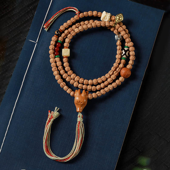 Buda Piedras 108 Cuentas de Semilla de Bodhi Ágata Roja Pulsera Mala de Sabiduría con Cabeza de Ciervo
