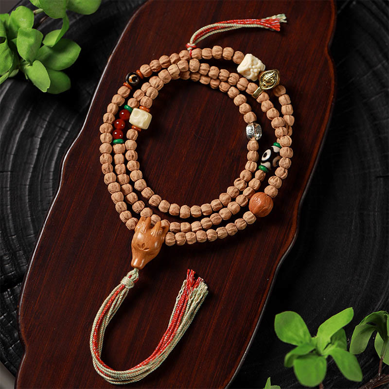 Buda Piedras 108 Cuentas de Semilla de Bodhi Ágata Roja Pulsera Mala de Sabiduría con Cabeza de Ciervo