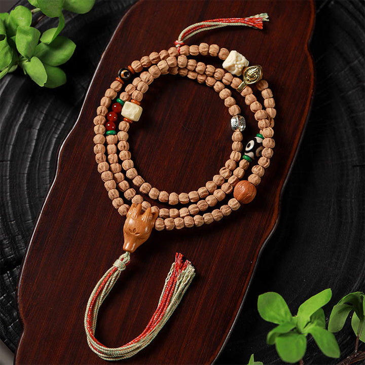 Buda Piedras 108 Cuentas de Semilla de Bodhi Ágata Roja Pulsera Mala de Sabiduría con Cabeza de Ciervo