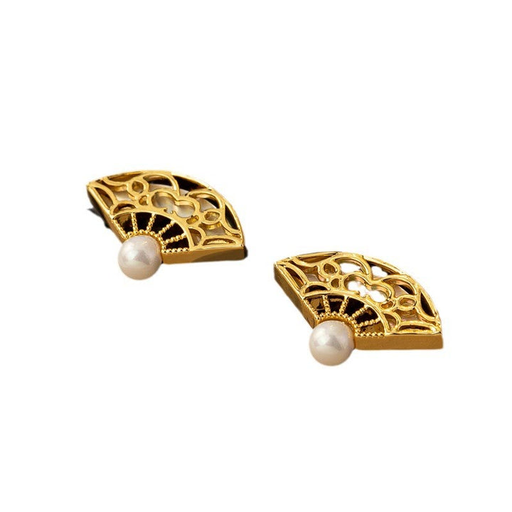Pendientes colgantes de sabiduría de cobre con perla y patrón de abanico de plata de ley 925 Buddha Stones
