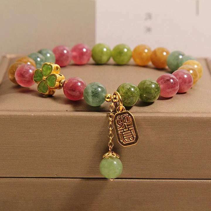Pulsera Positiva de Trébol de Cuatro Hojas de Colores de Jade de Turmalina y Piedras de Buda
