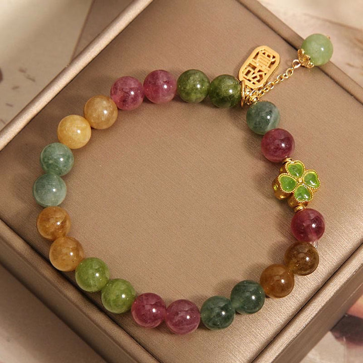 Pulsera Positiva de Trébol de Cuatro Hojas de Colores de Jade de Turmalina y Piedras de Buda