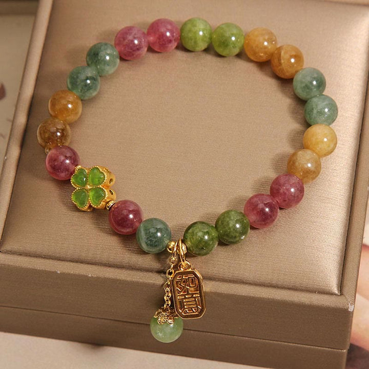 Pulsera Positiva de Trébol de Cuatro Hojas de Colores de Jade de Turmalina y Piedras de Buda