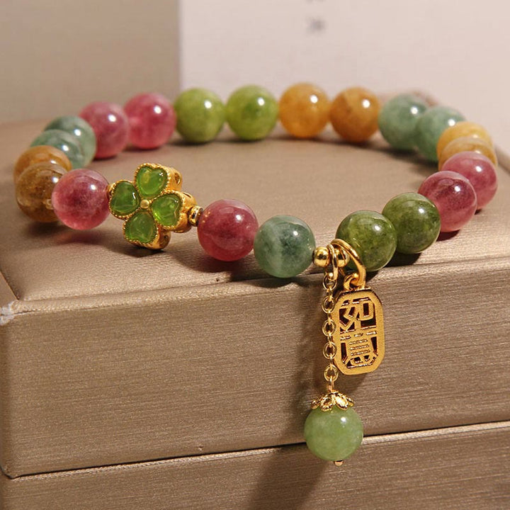 Pulsera Positiva de Trébol de Cuatro Hojas de Colores de Jade de Turmalina y Piedras de Buda