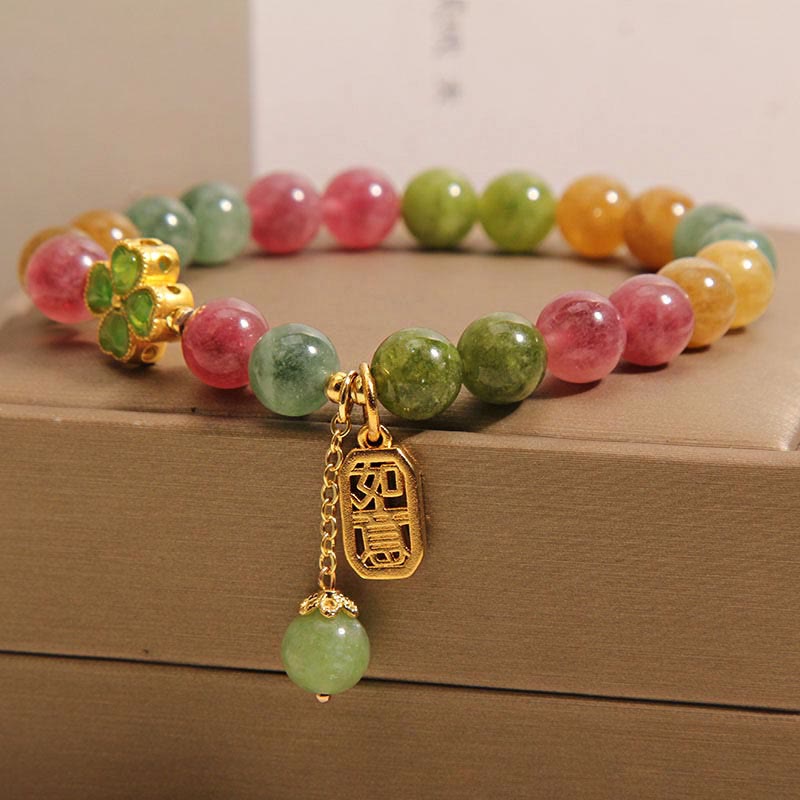 Pulsera Positiva de Trébol de Cuatro Hojas de Colores de Jade de Turmalina y Piedras de Buda