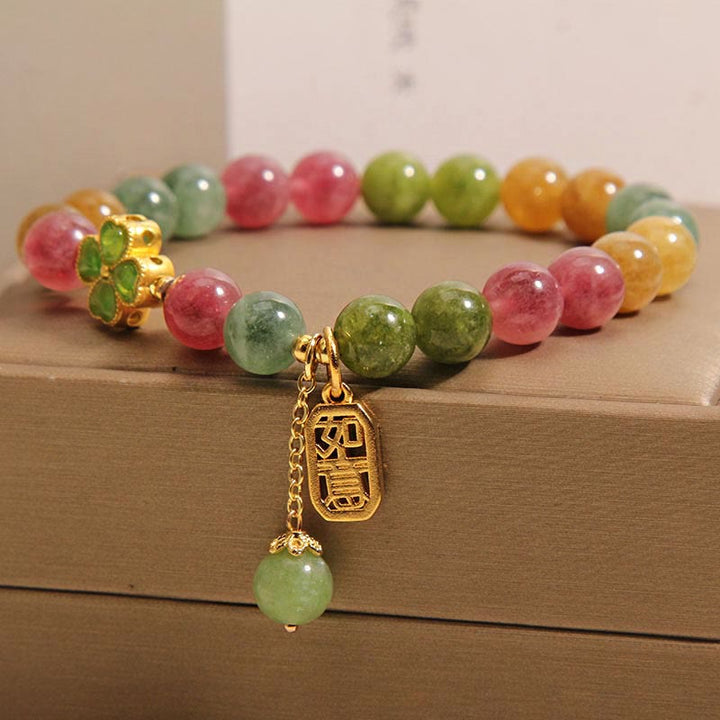 Pulsera Positiva de Trébol de Cuatro Hojas de Colores de Jade de Turmalina y Piedras de Buda