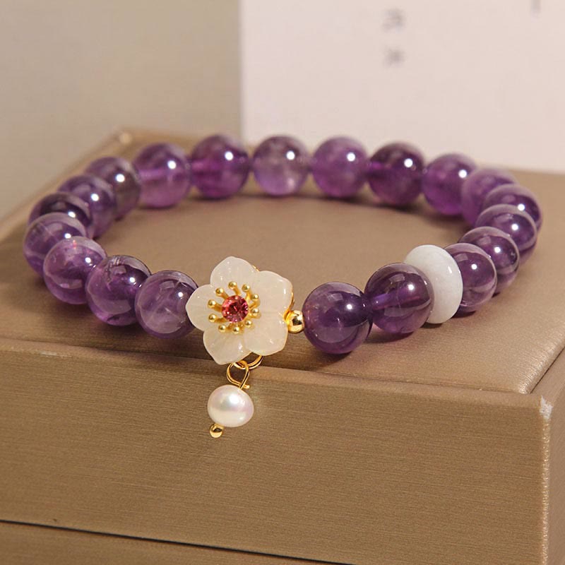 Pulsera de Equilibrio con Piedras de Buda: Amatista Natural, Ágata Blanca, y Perla Encanto