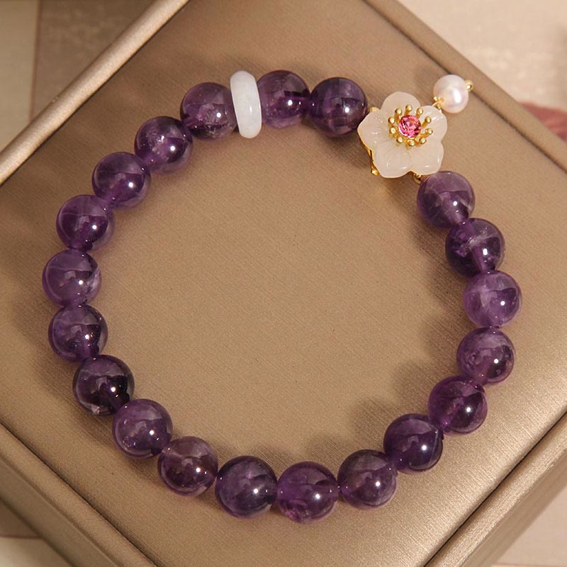 Pulsera de Equilibrio con Piedras de Buda: Amatista Natural, Ágata Blanca, y Perla Encanto