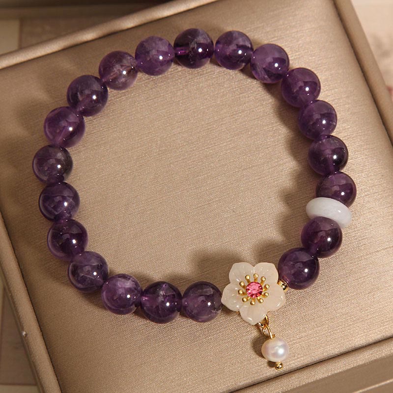 Pulsera de Equilibrio con Piedras de Buda: Amatista Natural, Ágata Blanca, y Perla Encanto