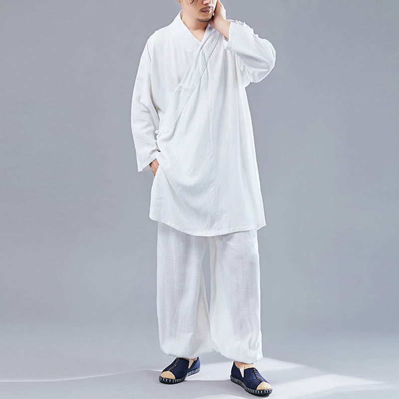 Buddha Stones 2 Piezas Camiseta de Manga Larga con Cuello en V de Hombre Pantalones Conjunto de Ropa de Meditación Zen Tai Chi de Algodón y Lino - image 1