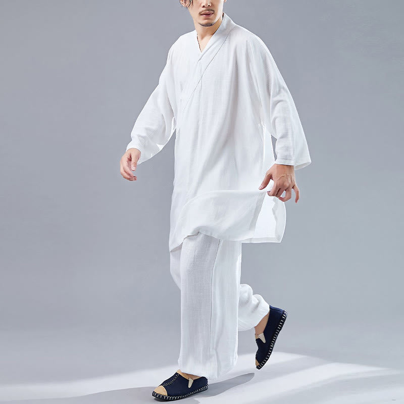 Buddha Stones 2 Piezas Camiseta de Manga Larga con Cuello en V de Hombre Pantalones Conjunto de Ropa de Meditación Zen Tai Chi de Algodón y Lino - image 3