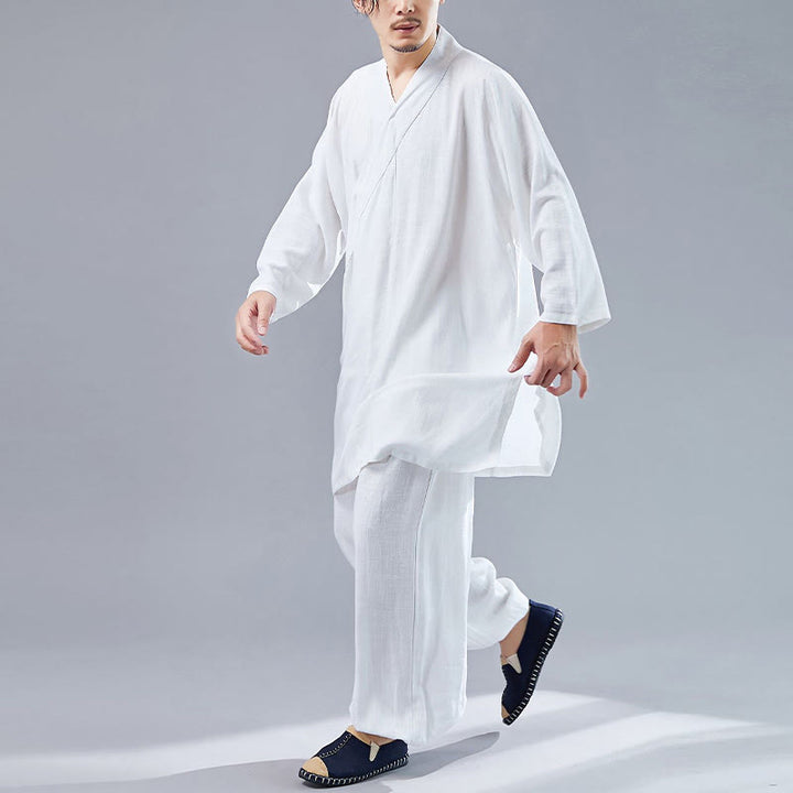 Buddha Stones 2 Piezas Camiseta de Manga Larga con Cuello en V de Hombre Pantalones Conjunto de Ropa de Meditación Zen Tai Chi de Algodón y Lino - image 3