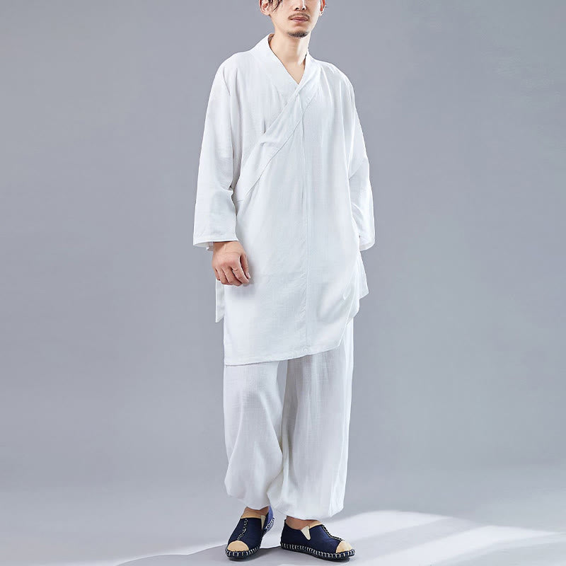 Buddha Stones 2 Piezas Camiseta de Manga Larga con Cuello en V de Hombre Pantalones Conjunto de Ropa de Meditación Zen Tai Chi de Algodón y Lino - image 4