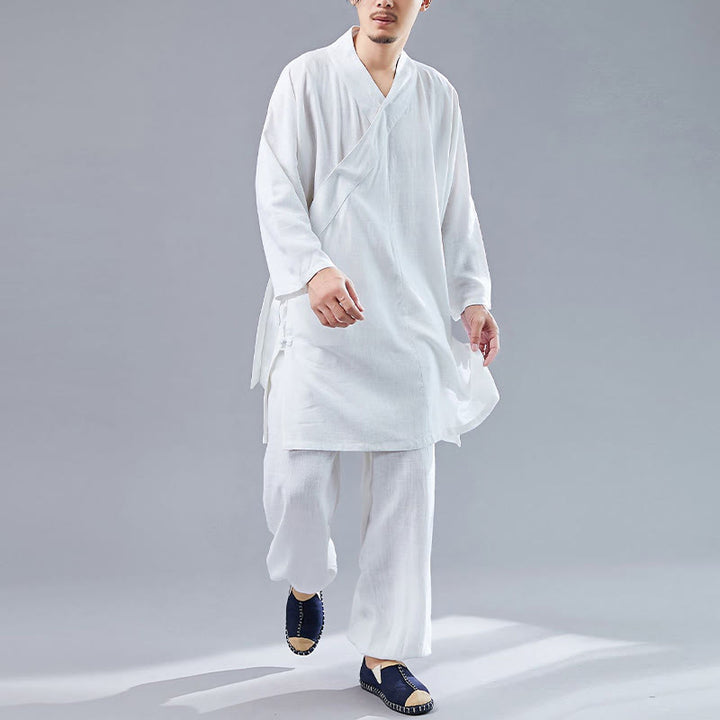Buddha Stones 2 Piezas Camiseta de Manga Larga con Cuello en V de Hombre Pantalones Conjunto de Ropa de Meditación Zen Tai Chi de Algodón y Lino - image 5