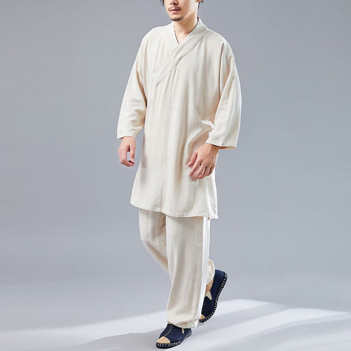 Buddha Stones 2 Piezas Camiseta de Manga Larga con Cuello en V de Hombre Pantalones Conjunto de Ropa de Meditación Zen Tai Chi de Algodón y Lino - image 11