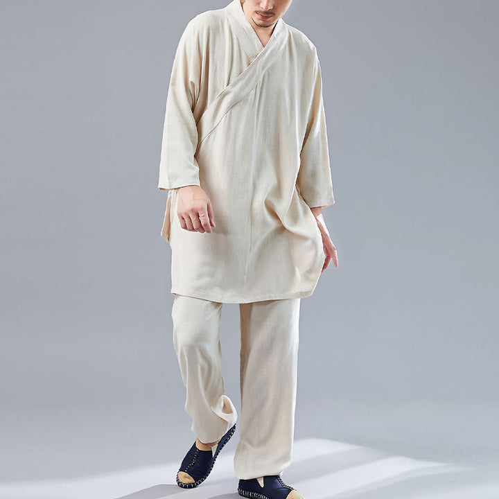 Buddha Stones 2 Piezas Camiseta de Manga Larga con Cuello en V de Hombre Pantalones Conjunto de Ropa de Meditación Zen Tai Chi de Algodón y Lino - image 14