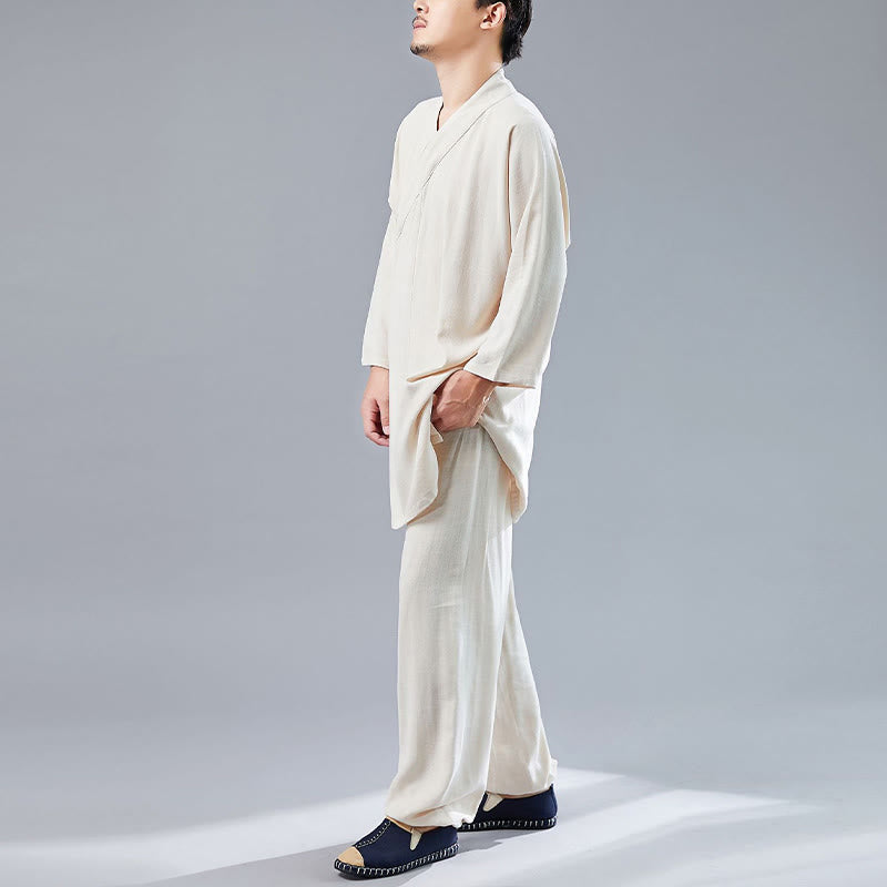 Buddha Stones 2 Piezas Camiseta de Manga Larga con Cuello en V de Hombre Pantalones Conjunto de Ropa de Meditación Zen Tai Chi de Algodón y Lino - image 13