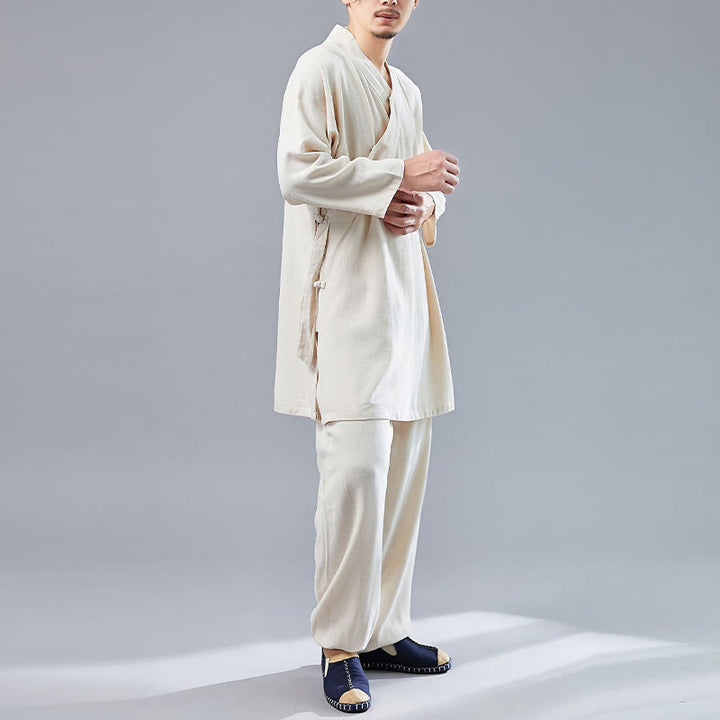 Buddha Stones 2 Piezas Camiseta de Manga Larga con Cuello en V de Hombre Pantalones Conjunto de Ropa de Meditación Zen Tai Chi de Algodón y Lino - image 12