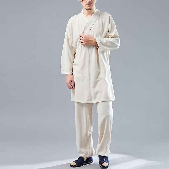 Buddha Stones 2 Piezas Camiseta de Manga Larga con Cuello en V de Hombre Pantalones Conjunto de Ropa de Meditación Zen Tai Chi de Algodón y Lino - image 9