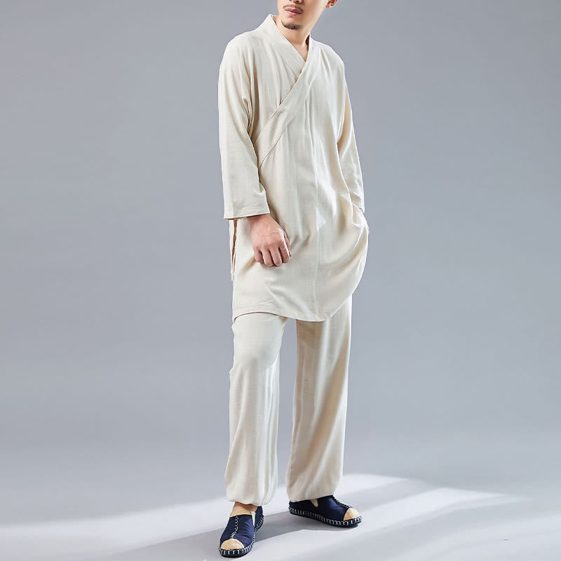 Buddha Stones 2 Piezas Camiseta de Manga Larga con Cuello en V de Hombre Pantalones Conjunto de Ropa de Meditación Zen Tai Chi de Algodón y Lino - image 15