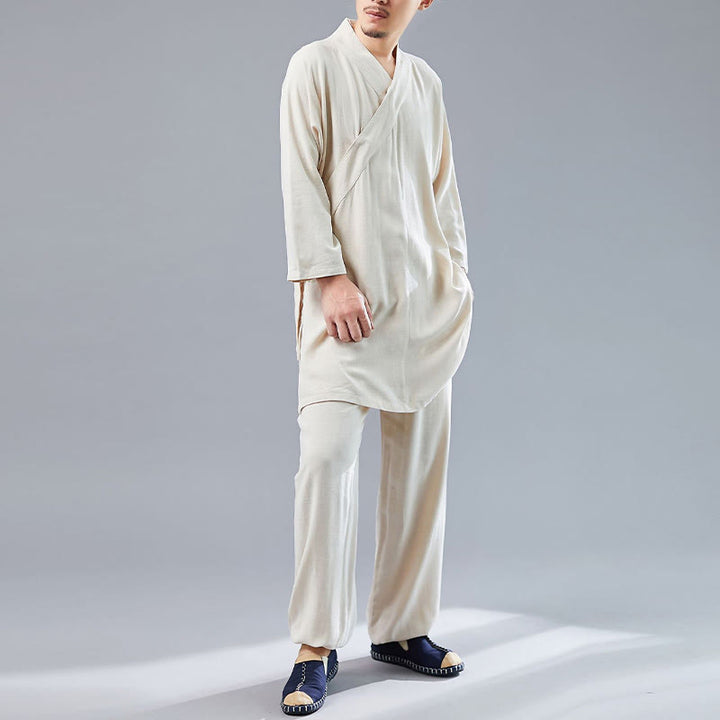Buddha Stones 2 Piezas Camiseta de Manga Larga con Cuello en V de Hombre Pantalones Conjunto de Ropa de Meditación Zen Tai Chi de Algodón y Lino - image 15