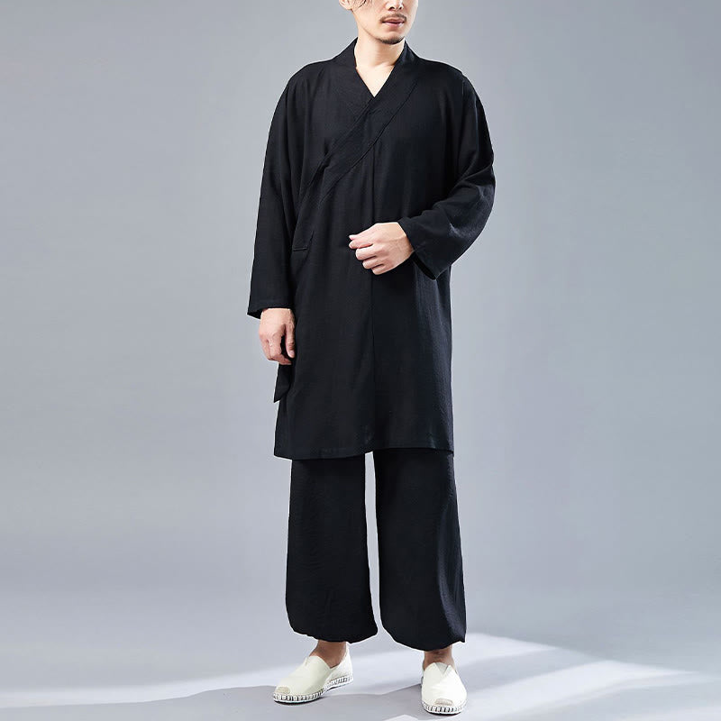 Buddha Stones 2 Piezas Camiseta de Manga Larga con Cuello en V de Hombre Pantalones Conjunto de Ropa de Meditación Zen Tai Chi de Algodón y Lino - Negro - US/UK/AU42, UE52 (XL)  - image 21