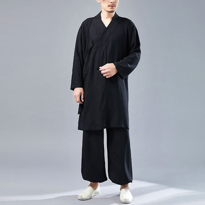 Buddha Stones 2 Piezas Camiseta de Manga Larga con Cuello en V de Hombre Pantalones Conjunto de Ropa de Meditación Zen Tai Chi de Algodón y Lino - Negro - US/UK/AU42, UE52 (XL)  - image 21