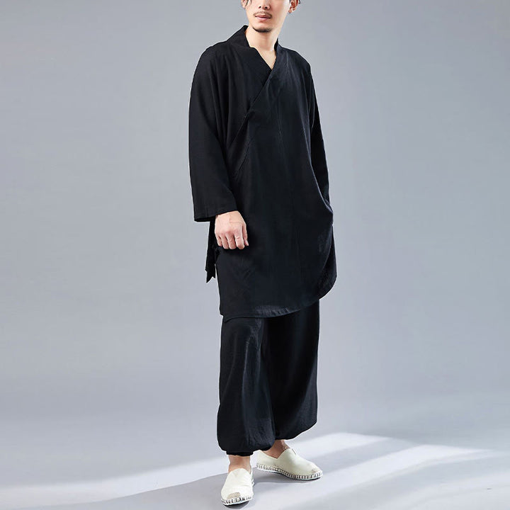 Buddha Stones 2 Piezas Camiseta de Manga Larga con Cuello en V de Hombre Pantalones Conjunto de Ropa de Meditación Zen Tai Chi de Algodón y Lino - image 29