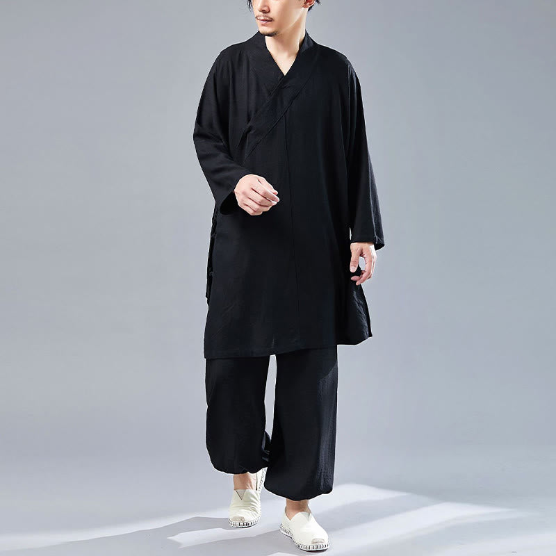 Buddha Stones 2 Piezas Camiseta de Manga Larga con Cuello en V de Hombre Pantalones Conjunto de Ropa de Meditación Zen Tai Chi de Algodón y Lino - image 28