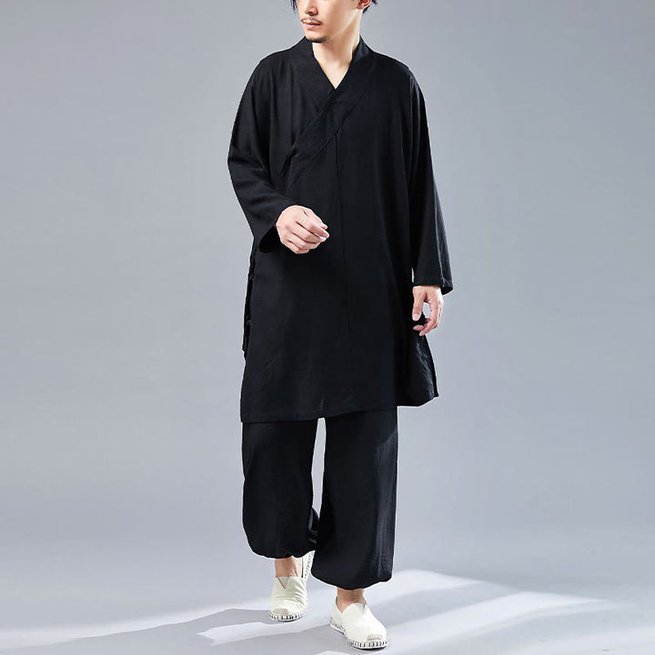 Buddha Stones 2 Piezas Camiseta de Manga Larga con Cuello en V de Hombre Pantalones Conjunto de Ropa de Meditación Zen Tai Chi de Algodón y Lino - image 28