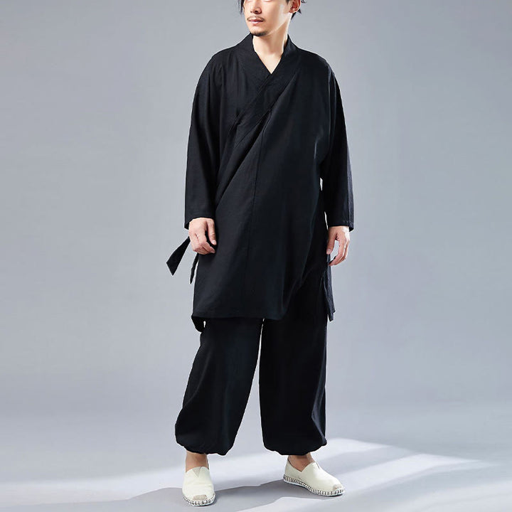 Buddha Stones 2 Piezas Camiseta de Manga Larga con Cuello en V de Hombre Pantalones Conjunto de Ropa de Meditación Zen Tai Chi de Algodón y Lino - image 26