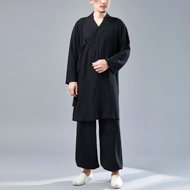 Buddha Stones 2 Piezas Camiseta de Manga Larga con Cuello en V de Hombre Pantalones Conjunto de Ropa de Meditación Zen Tai Chi de Algodón y Lino - image 25