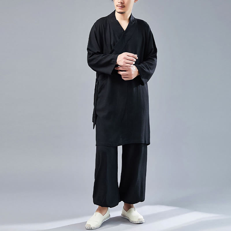 Buddha Stones 2 Piezas Camiseta de Manga Larga con Cuello en V de Hombre Pantalones Conjunto de Ropa de Meditación Zen Tai Chi de Algodón y Lino - image 22