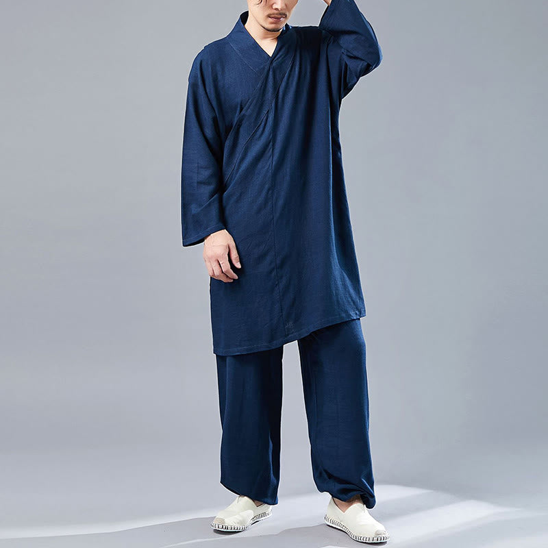 Buddha Stones 2 Piezas Camiseta de Manga Larga con Cuello en V de Hombre Pantalones Conjunto de Ropa de Meditación Zen Tai Chi de Algodón y Lino - image 36