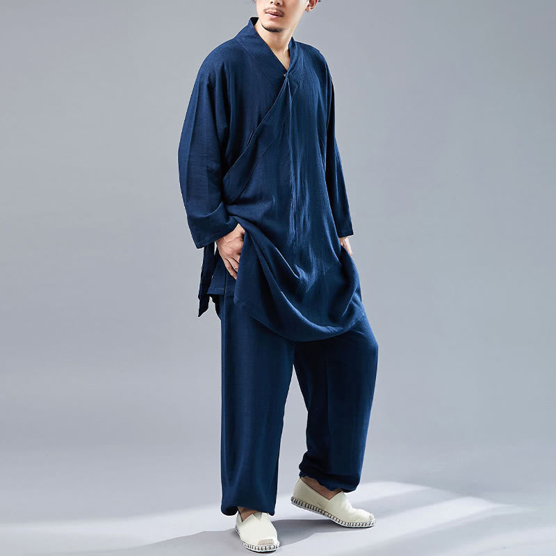 Buddha Stones 2 Piezas Camiseta de Manga Larga con Cuello en V de Hombre Pantalones Conjunto de Ropa de Meditación Zen Tai Chi de Algodón y Lino - image 39