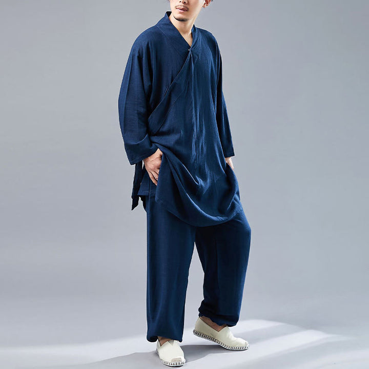 Buddha Stones 2 Piezas Camiseta de Manga Larga con Cuello en V de Hombre Pantalones Conjunto de Ropa de Meditación Zen Tai Chi de Algodón y Lino - image 39