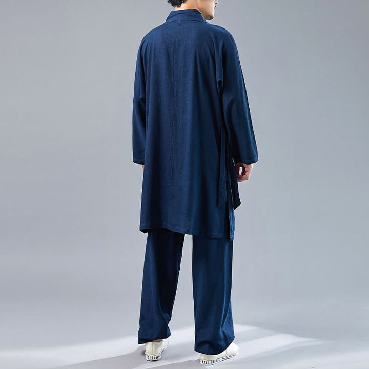 Buddha Stones 2 Piezas Camiseta de Manga Larga con Cuello en V de Hombre Pantalones Conjunto de Ropa de Meditación Zen Tai Chi de Algodón y Lino - image 33