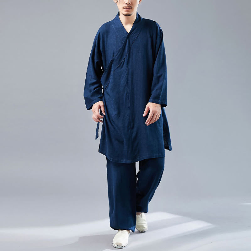 Buddha Stones 2 Piezas Camiseta de Manga Larga con Cuello en V de Hombre Pantalones Conjunto de Ropa de Meditación Zen Tai Chi de Algodón y Lino - image 32