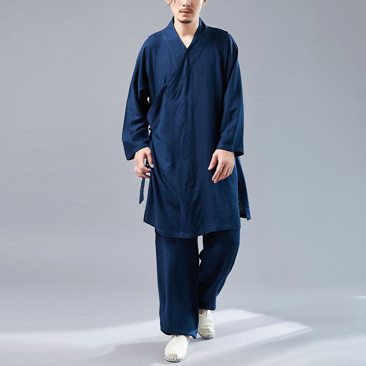 Buddha Stones 2 Piezas Camiseta de Manga Larga con Cuello en V de Hombre Pantalones Conjunto de Ropa de Meditación Zen Tai Chi de Algodón y Lino - image 32