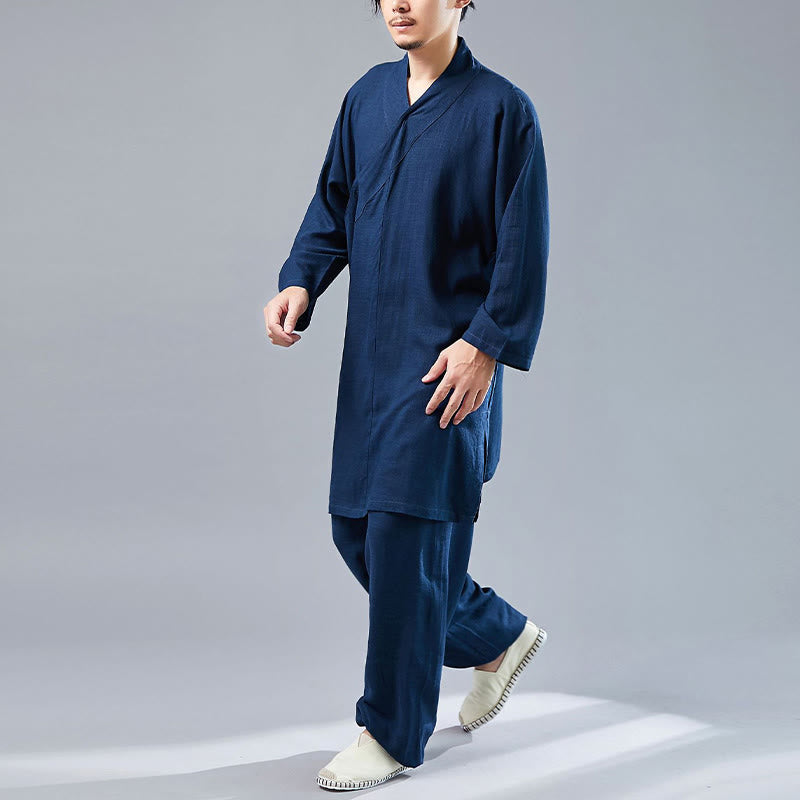 Buddha Stones 2 Piezas Camiseta de Manga Larga con Cuello en V de Hombre Pantalones Conjunto de Ropa de Meditación Zen Tai Chi de Algodón y Lino - image 35
