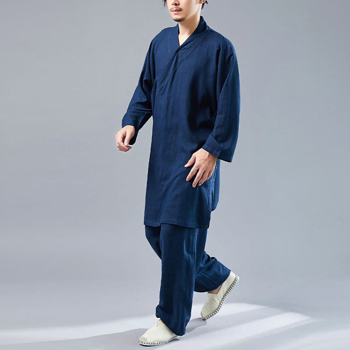 Buddha Stones 2 Piezas Camiseta de Manga Larga con Cuello en V de Hombre Pantalones Conjunto de Ropa de Meditación Zen Tai Chi de Algodón y Lino - image 35